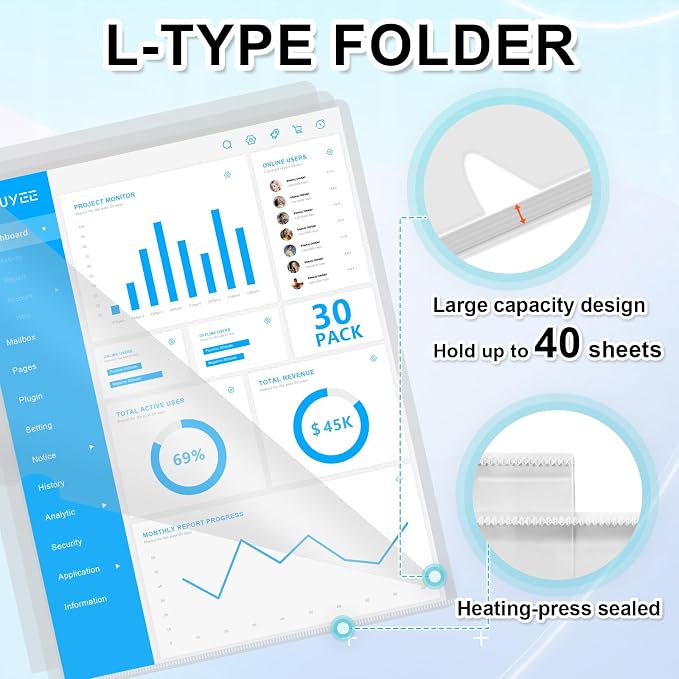 HOUYEE 30 Pack Heavy Duty Clear Document Folders, L-Type Plastic File Folder Sleeves, Project Folders Paper Sheet Protectors for 8.5" x 11" Letter Size, for Home, Office, and School Use