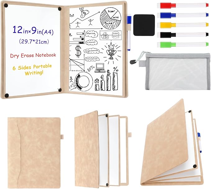 Feifeiya 6 Sides Dry Erase Notebook Portable White Board 12"x9"(a4) Travel Dry Erase White Board Notebook Foldable Anti-ghosting Surface for Office, School, Study, Travel & Business Meeting Planning
