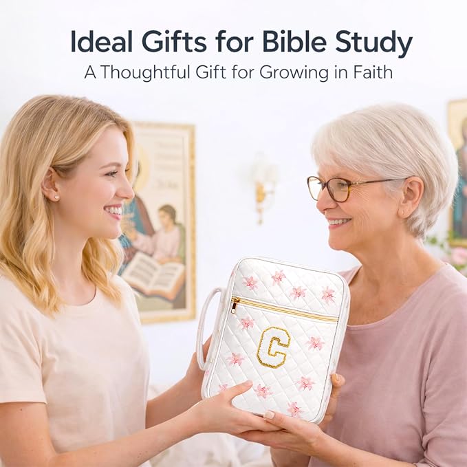 Bible Bag for Women, Bible Cover Case with Study Supplies, Initials Personalized Quilted Bible Bag, Large Chenille Bible Cover – Christian Gift for Girls (Pink Lilies-C)