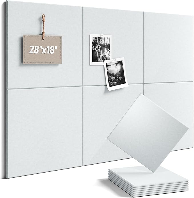 Fluxynara Felt Bulletin Board Tiles -28"x18" Cork Board Alternative for Office Decor, Push Pin Board Wall Organizer 6-Pack - Cold White