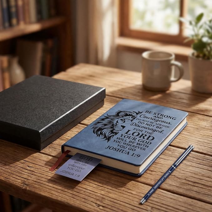 Fuyoooo 4 Pcs Christian Gifts for Men Father's Day Pastor Appreciation Gifts Vintage Leather Hardcover Notebook 1 Timothy 6:11 Religious Bible Verse Pen Joshua 1:9 Bookmark & Box(Lion,Blue)