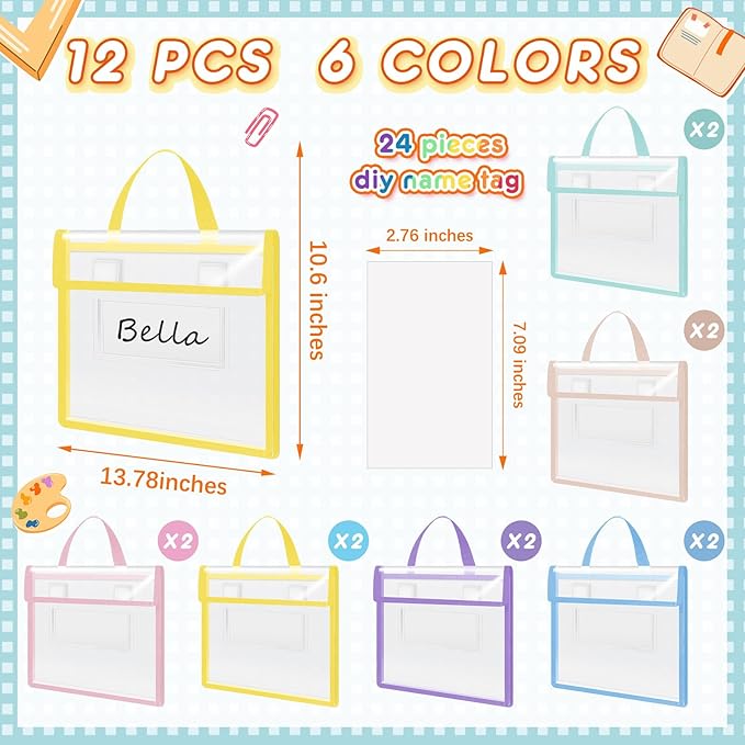 Teling 12 Pack Thick Clear Book Pouches with Blank Name Tags and Handles Book Baggies Bags Bins Organizer for School Classroom Library Pockets Students (14 x 11 Inch,Pastel Color)