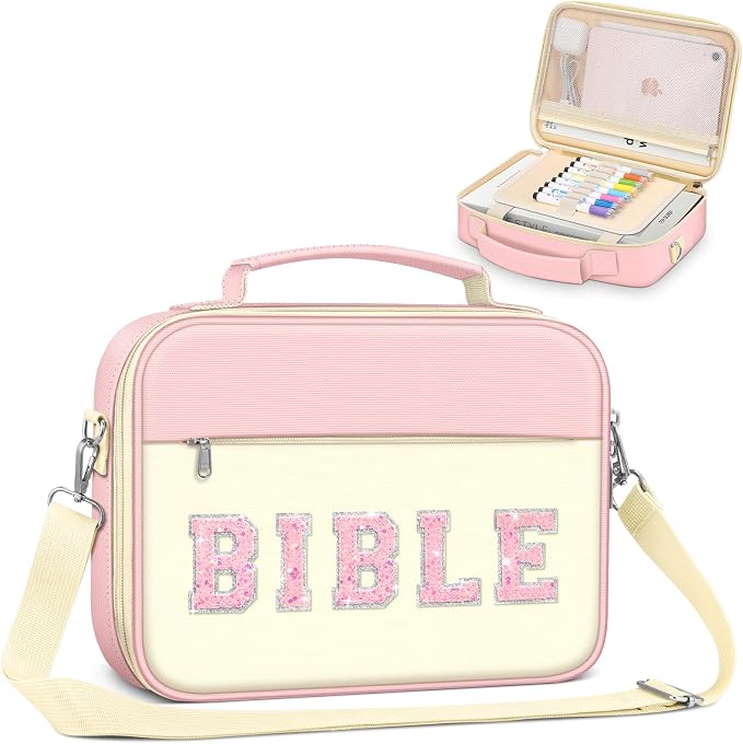 FINPAC Large Bible Cover w/Shoulder Strap, Carrying Book Case Church Bag Bible Protective w/Pen Slots and Zippered Pocket, Gift for Women Lady, Letter Pink