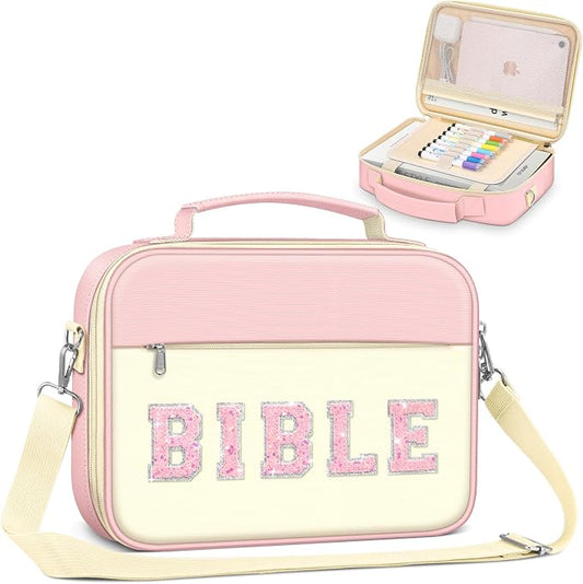 FINPAC Large Bible Cover w/Shoulder Strap, Carrying Book Case Church Bag Bible Protective w/Pen Slots and Zippered Pocket, Gift for Women Lady, Letter Pink