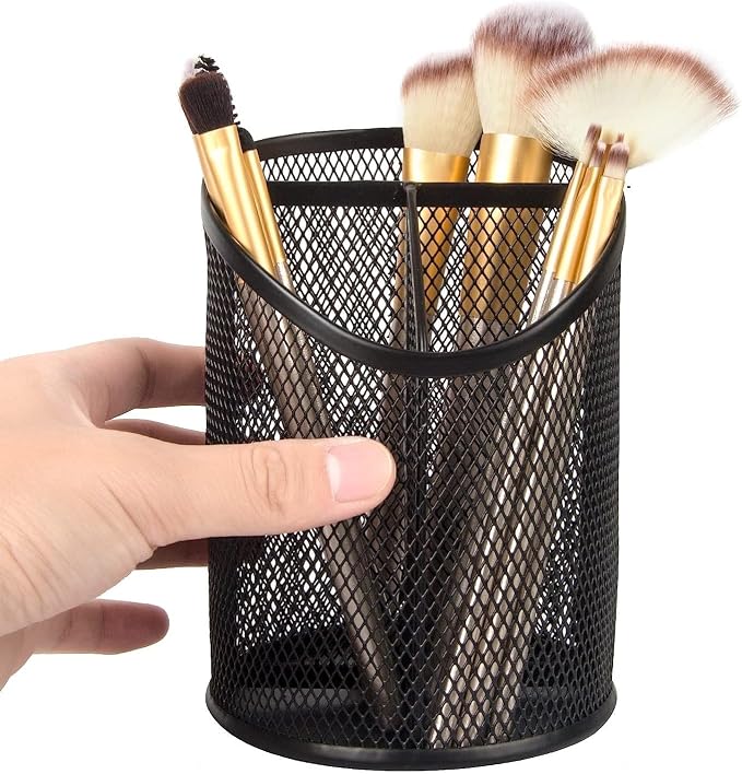 AKOAK Metal Net Pen Holder, Black 3 Compartments Pencil Organizer, Makeup Brush Organizer, for Office, Home, School, Desktop Organizer - Pack of 1
