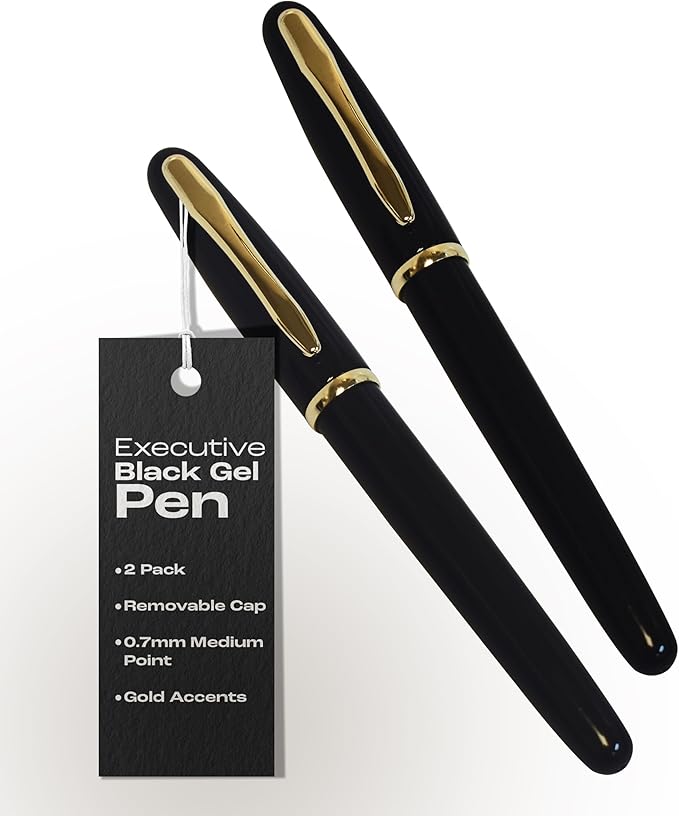 Better Office Products Executive Black Gel Pen, 2 Pack, Classic Business Pen with Removable Cap, Black 0.7mm Medium Point, Gold Accents, Individually Packed in Clear Acrylic Cases