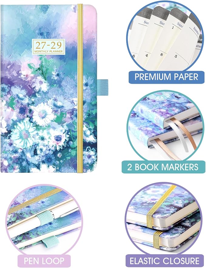 2027-2029 Pocket Planner/Calendar - 3 Year Monthly Planner 2027-2029, Jan. 2027 - Dec. 2029, 3.93''×6.29'', 36 Months Small Planner, 60 Note Pages, Pen Holder, Pocket - Floral Painting