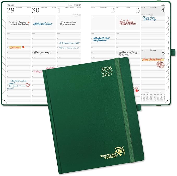 POPRUN 2026-2027 Academic Planner, Large Size 8.5" x 10.5", Weekly and Monthly Calendar, July 2026 to June 2027, Hardcover Appointment Book with Verital Layout, Hourly Time Slots, Monthly Tabs - Dark Green