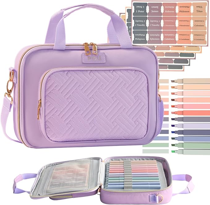 Bible Cover for Women Bible Case, Large Bible Bag, Bible Study Supplies Bible Journaling Kit Book Carrying Case with Bible Highlighters Tabs, Valentines Day Christian Gifts for Women (Purple)