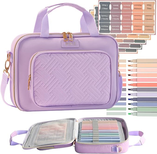 Bible Cover for Women Bible Case, Large Bible Bag, Bible Study Supplies Bible Journaling Kit Book Carrying Case with Bible Highlighters Tabs, Valentines Day Christian Gifts for Women (Purple)