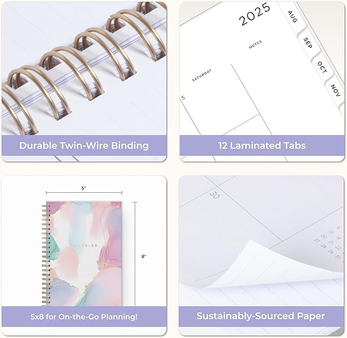 Blue Sky Ashley G 2025-2026 Weekly and Monthly Academic Year Planner Calendar, July 2025 - June 2026, 5" x 8", Flexible Cover, Wirebound, Laminated Tabs, Multi Color Smoke