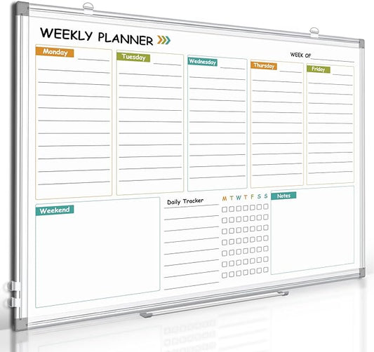 Weekly Calendar Dry Erase Whiteboard for Wall, 24"x18" Magnetic Weekly Planner White Board, Double Sided Hanging Daily Planning Board for Home, Office, School, Kitchen