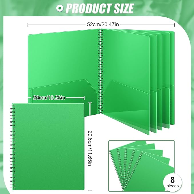 Seajan 8 Pcs 10 Pocket Folder Green Sturdy Plastic Spiral Portfolio Multi Pocket Folder Organizer Document Folders Plastic Spiral Project Organizer for School Office