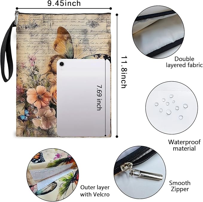Vintage Floral Butterfly Book Cover, Waterproof Book Sleeve with Zippered Front Pocket Retro Flowers Book Pouch for Book Lovers, Christmas, Birthday, Graduation Gifts (Butterfly, Large)