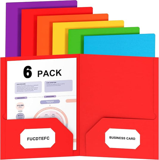 FUCDTEFC Folders with Pockets, 6 Pack Paper 2 Pocket Folders, Heavy Duty Folders for Document with Business Card Slot, Colored File Folders Back to School Supplies for Teacher Kids Office