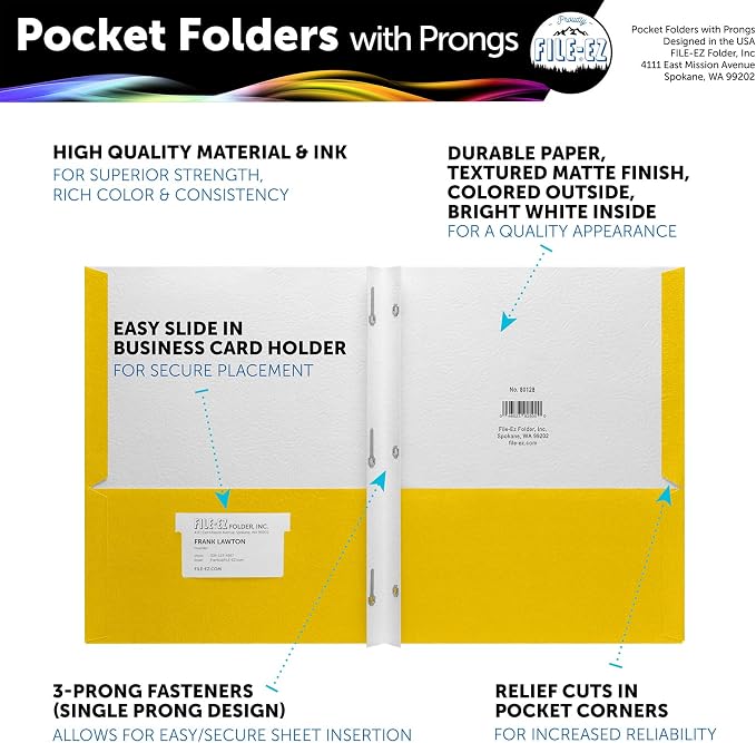 FILE-EZ Two-Pocket Folders with 3-Prong Fasteners, Yellow Color, 25-Pack, Durable Textured Paper, Matte Finish, Letter Sheet Size (EZ-92570)