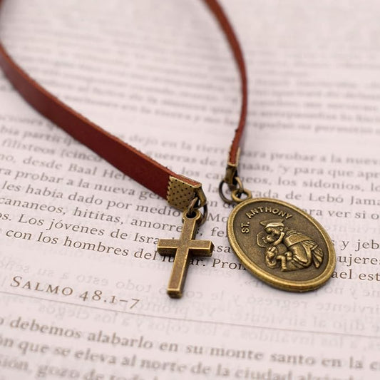 BLBMH Genuine Leather Bible Bookmark with Cross | Catholic Gifts for Men Dad | Christian Book Marker with Ribbon - Saint Anthony - LB3