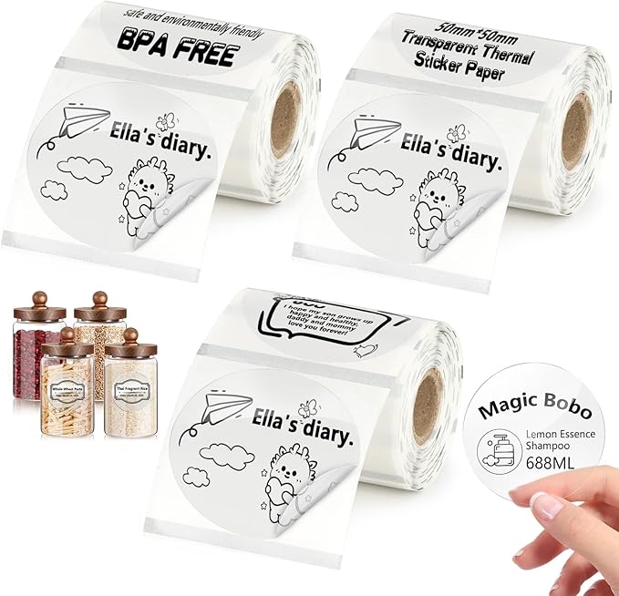 3 Rolls Transparent Thermal Labels,50x50mm Round Label Sticker for Phomemo M110/M120/M220/241BT,for MUNBYN 130B Printer,Waterproof Label Paper for DIY,Name,Logo,Price,Barcode(140/Roll)