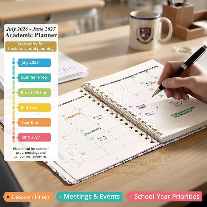 JoyCat Academic Planner 2026-2027, July 2026 - June 2027, A5 Weekly & Monthly Planner, Hardcover Agenda with Tabs, 5 Sticker Sheets, Elastic Closure & Pocket for Teachers & Students, 6.3" x 8.5", Wildflowers