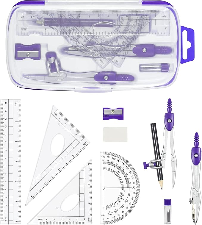 Vobou Math Geometry Kit Sets 10 Piece Student Supplies with Shatterproof Storage Box,Includes Rulers,Protractor,Compass,Eraser,Pencil Sharpener,Lead Refills,Pencil,for Drafting（Purple）