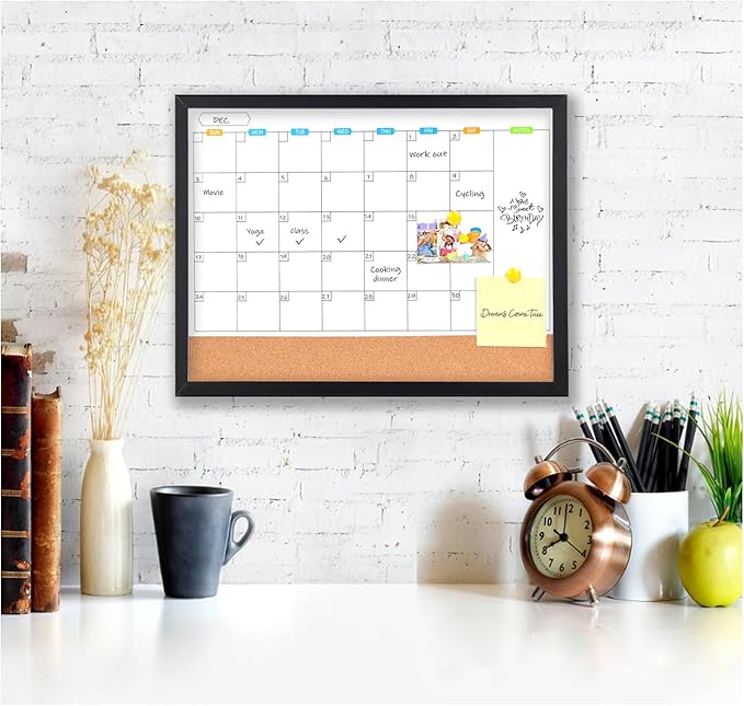 Monthly Whiteboard Calendar with Cork Board for Wall, 17"x13",Magnetic Dry Erase Board with Black Wood Framed,2-1 Wall Planner Whiteboard, Bulletin Board with Pins for Home, School,Office