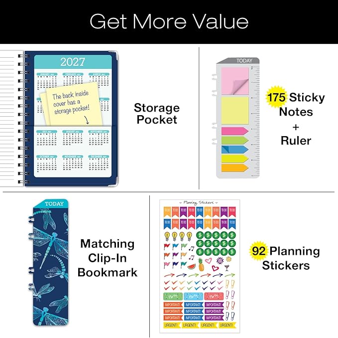 HARDCOVER Academic Year 2026-2027 Planner: 14 Months (May 2026 Through June 2027) 5.5"x 8" Daily Weekly Monthly Planner Yearly Agenda. Bookmark, Pocket Folder and Sticky Note Set (Dragonflies)