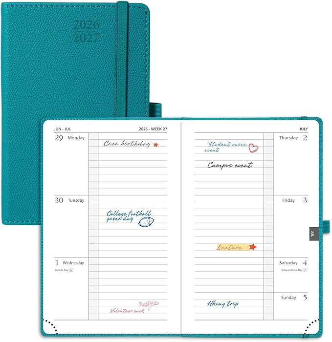 POPRUN 2026-2027 Pocket Weekly Planner Calendar, Size 4'' x 6.25'', Academic Planner (Jul 2026 - Jun 2027) Horizontal Layout with Lined Sections, Leather Hardcover, 100GSM Paper - Pacific Green
