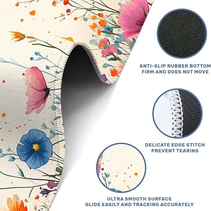 Botanical Wildflower Gaming Mouse Pad Large Desk Mat Rainbow Petals Color Floral Mousepad Computer Keyboard Pad Mouse Mat Laptop Mat 31.5 x 11.8 Mouse Pads for Desk Home Office Gaming