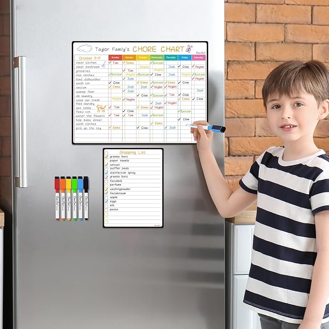 Magnetic Dry Erase Chore Chart - 14.5"x11" Chore Chart for Kids, Teens and Adults - 6.5"x8.5" List Board for Fridge - 6 Extra Fine Point Markers Included - Shipped Flat