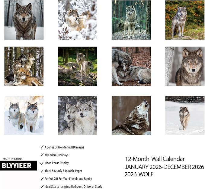 2026 Wall Calendar,Wolf Calendar 2026,Wolf Monthly Wall Calendar, 12" x 24" Open,Family Planner Calendar, Home & Office Organizer,Hangable