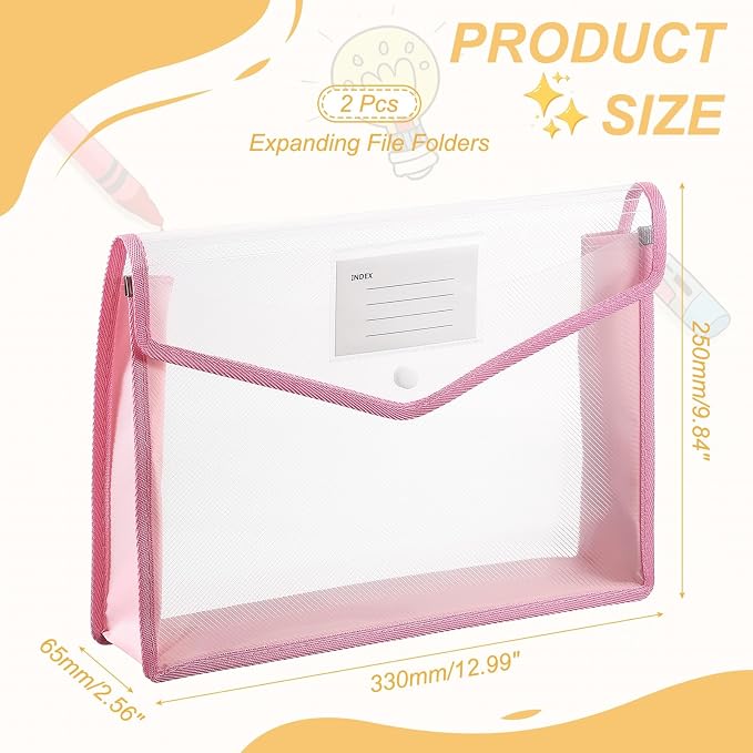 PATIKIL Plastic Expanding File Folders, 2 Pack A4 File Folder Envelopes Letter Size Document Organizer Supplies with Snap Closure for Classroom Office, Pink, Horizontal