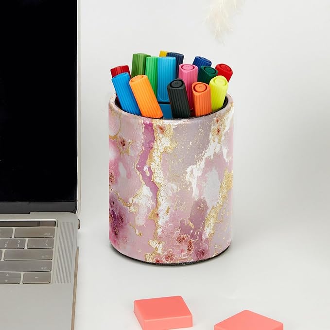 Leather Pen Holder for Desk, Pink Gold Marble Makeup Brushes Holder Pencil Cup Multifunctional Desktop Organizer Caddy for Home School Office Desk Accessories