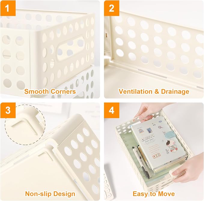 SAYEEC 2 Pack Mini Foldable Plastic Baskets for Organizing Collapsible Crate with Handle Stackable Storage Bin Small Storage Container Box Caddy Desk Drawer Organizer for Home Office Classroom (Beige)