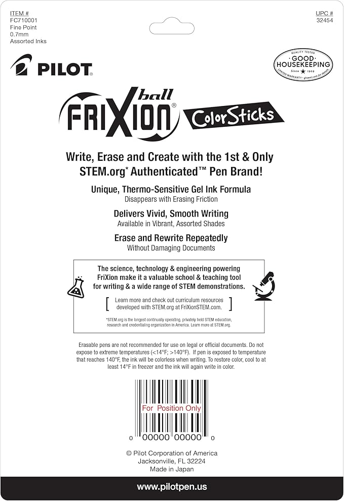 Pilot Frixion ColorSticks Erasable Gel Ink Pens, Fine Point (0.7mm), Assorted, 10 Count (32454)