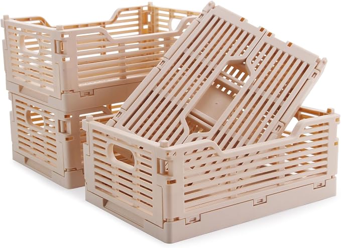 4-Pack Plastic Crates for Storage, Collapsible Storage Crates Stackable, Space-Saving Foldable Crate for Home Kitchen Classroom Office Bedroom Bathroom (8.66''x5.91''x3.54'', Pink)