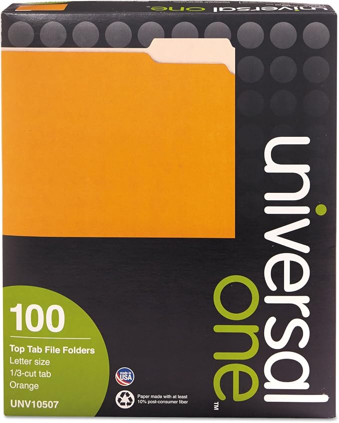 Universal 10507 File Folders, 1/3 Cut One-Ply Top Tab, Letter, Orange/Light Orange, 100/Box