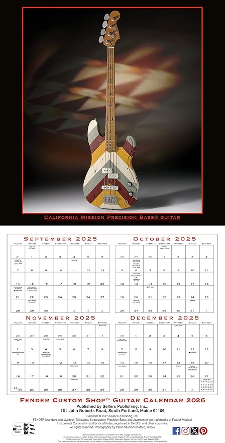 Fender Custom Shop Guitars 2026 Wall Calendar, 12-Month Guitar & Music Photography Calendar, 12" x 12", 2026 Monthly Calendar Planner with Large Grids