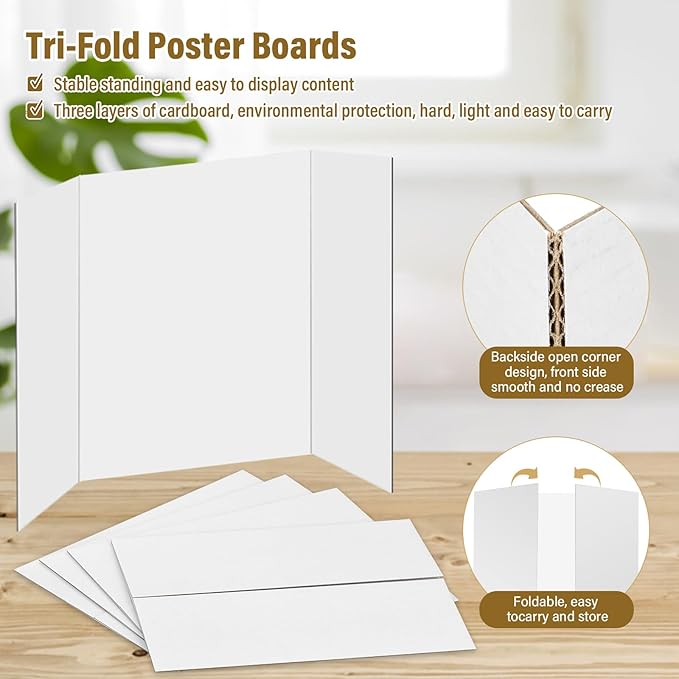 4 Pcs Trifold Poster Board, 21.5x14 inches Small White Poster Board Comes with Sticky Accessories, Corrugated Presentation Boards, Display Board for School Projects, Business Presentations