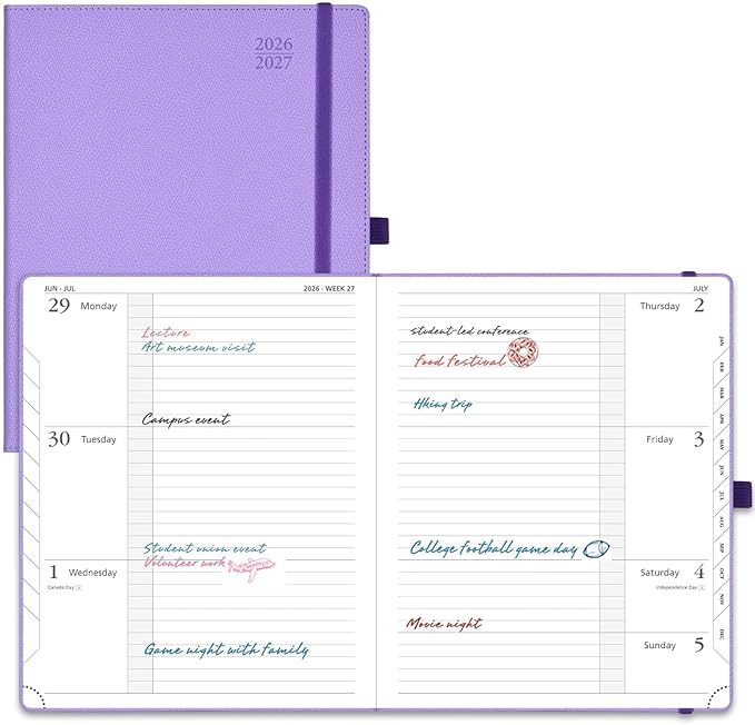 POPRUN Planner 2026-2027 (Large 8.5"x 10.5"), Horizontal Weekly Notebook Jul.2026 - Jun.2027, Academic Appointment Book with Monthly Tabs, Leather Hardcover, Inner Pocket - Lavender
