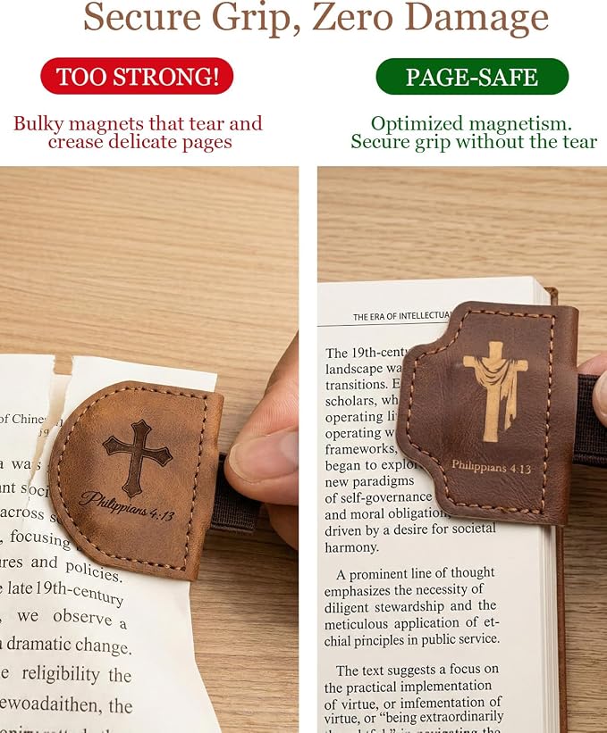 3-Pack Magnetic Leather Bookmarks for Bible, Thin Page Markers with Small Pen Loop, Laser Engraved Religious Christian Gifts for Women & Men, Vintage Leather, Page-Safe Magnets (Bible Verses)