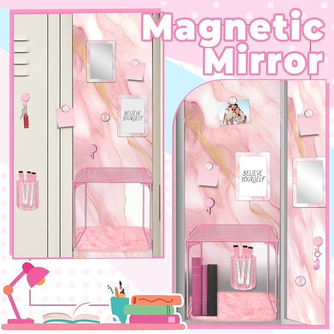 Pink Locker Accessories Kit Locker Organizer Magnetic Mirror Whiteboard Pen Holder Small Carpet for Storage Organizing Shelf Back to School Party Supply