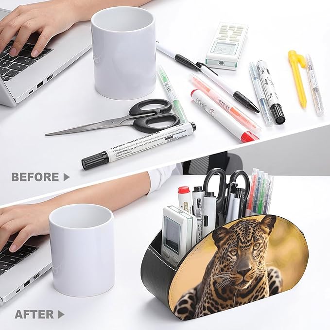 Leather Remote Control Holder with 5 Compartments TV Remote Caddy Storage Box Tray Africa Nature Leopard Desktop Organizer Makeup Brush Holder Store Glasses Brush Pen Office Supplies