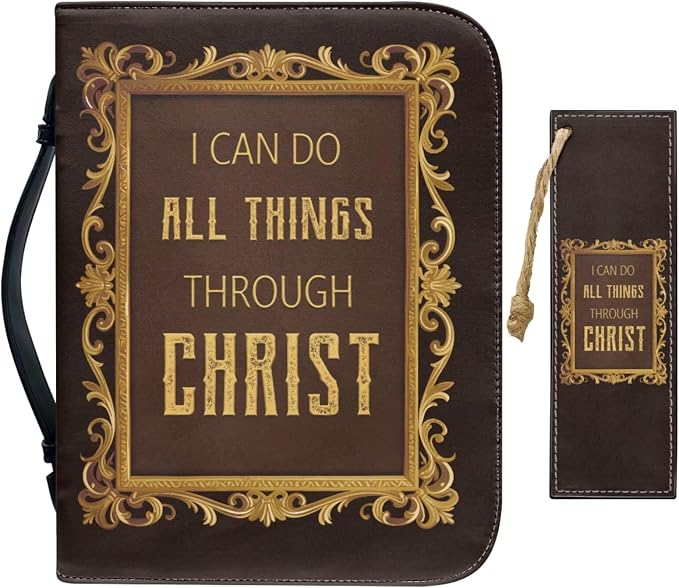 Retro Religious Style Cross Bible Case with Bookmark Waterproof Bible Cover Case for Women Lightweight Bible Bag with Handle Pockets Church Book Bag Brown