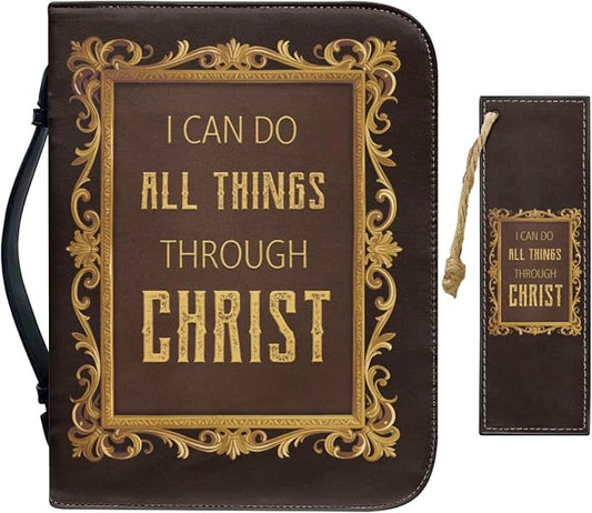 Retro Religious Style Cross Bible Case with Bookmark Waterproof Bible Cover Case for Women Lightweight Bible Bag with Handle Pockets Church Book Bag Brown