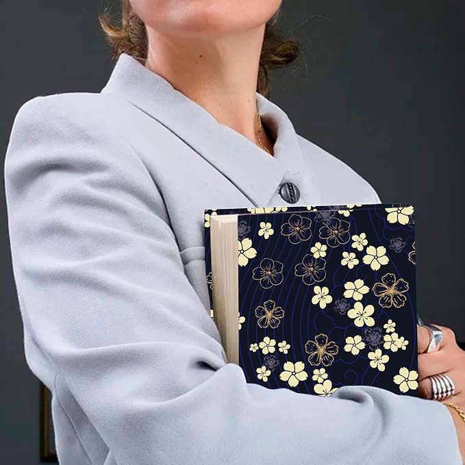 CRASPIRE Flower Stretchable Book Cover Floral Navy Blue Washable Reusable Large Nylon Cloth Polyester Book Protector Elastic Notebook Wraps Suitable for Most Hardcover Books