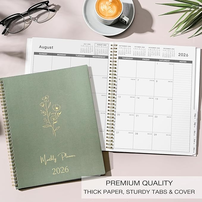 2026-2027 Monthly Planner - 2026 Monthly Planner, JAN. 2026 - DEC. 2026, 9" x 11", Tabs & Note Pages, Spiral Binding, Thick Paper, Back Pocket