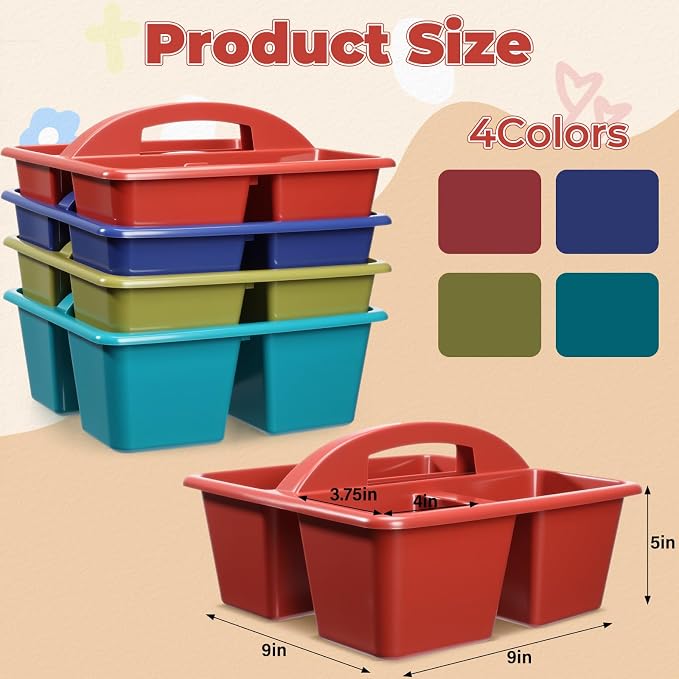 Kathfly 8 Pack Classroom Caddy Organizer with Handle, Plastic Art Craft Cleaning Caddy Bulk, Small Multipurpose Supply Organization Storage Basket for Table Desk Office Pencil Teacher (Deep Color)