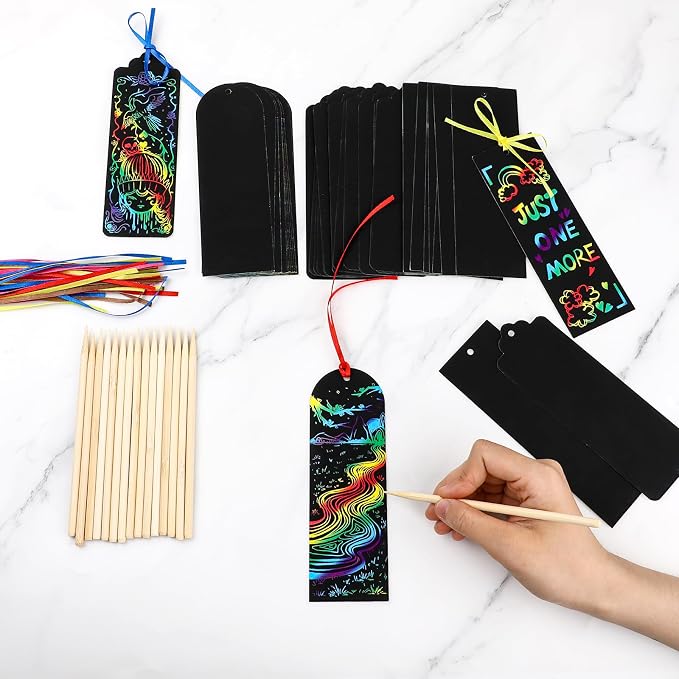 Dimeho Scratch Bookmarks, 48 Set Scratch Paper Art Bookmarks Craft Kits Party Favors Rainbow DIY Bookmark Hanging Gifts Tag with Scratching Tools Ribbon for Students Classroom Activities(3 Style)