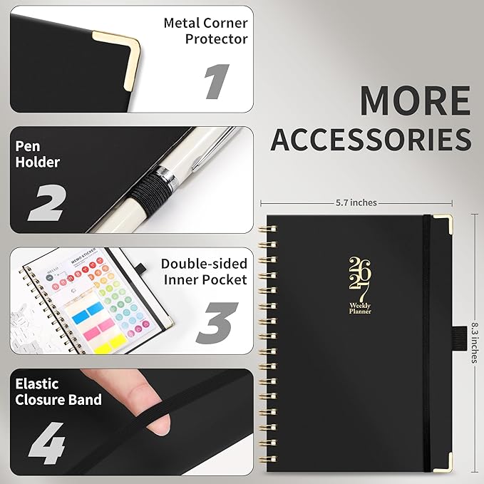 Academic Planner 2026-2027, Weekly and Monthly, A5 Size (5.7" x 8.3"), July 2026 - June 2027, To-do List for Tracking, for School, Home, Office, Hardcover, 12-Month Tabs (Black)