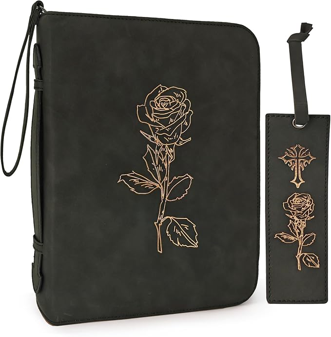 Bible Covers for Women & Men, Leather Bible Case with Rose Bookmark, Bible Supplies Carrying Bag Tote with Strap, Personalized Gift for Study, Journaling, Church-Black